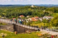 Yard and water bridge of medieval Ogrodzieniec Castle in Podzamcze village in Silesia region of Poland Royalty Free Stock Photo