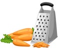 Grate set. Grated carrots and cheese. Cooking process illustration. Kitchenware and utensils isolated on white. Web site pa Royalty Free Stock Photo