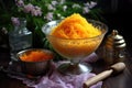 grated carrots in a glass bowl next to a whisk
