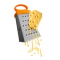 Grated cheese. Cheeses piece grate rasp on kitchen metal grater, shredded parmesan in sharp grating slicer cutting rub Royalty Free Stock Photo