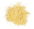 Grated cheese isolated white background . yellow shredded cheese. Close up top view