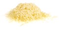 Grated cheese isolated white background . yellow shredded cheese. Close up top view