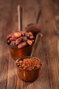 Grated chocolate, powder and cocoa beans Royalty Free Stock Photo