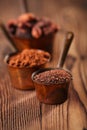 Grated chocolate, powder and cocoa beans Royalty Free Stock Photo