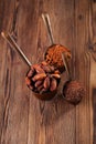 Grated chocolate, powder and cocoa beans Royalty Free Stock Photo