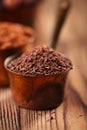 Grated chocolate, powder and cocoa beans Royalty Free Stock Photo