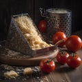 grated hard cheese Grated cheese and grater and fresh ripe tomatoes.