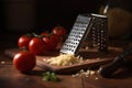 grated hard cheese Grated cheese and grater and fresh ripe tomatoes.