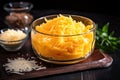 grated smoked cheese in a glass bowl