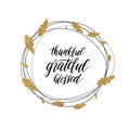 Grateful, blessed, thankful text in autumn gold shiny wreath