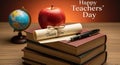 Grateful gift for educator, showcasing knowledge, learning, and appreciation on a special day with books, apple, globe Royalty Free Stock Photo