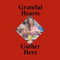 Grateful hearts gather here text on red with happy caucasian family at thanksgiving dinner Royalty Free Stock Photo