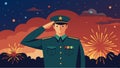 Grateful Nation An illustration of a soldier saluting with a backdrop of fireworks against a dusky sky representing a