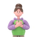 Grateful people smiling with hands on chest.3D illustration of Asian girl Renae with charming sincere smile feeling thankful,