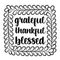 Grateful thankful blessed - handwritten thanksgiving saying text, with autumn leaves wreath