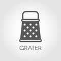 Grater black flat icon. Kitchen utensil for grinding variety of products for cooking food. Foodstuff pictogram