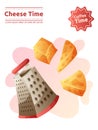 A grater with fresh cheese poster template. Kitchen utensil, home made dish, cheese time concept.