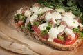 gratinated bread with tomato, spring onions, bacon and mozzarella cheese, quick and easy pizzatoast on baking paper and a rustic Royalty Free Stock Photo