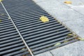 Grating of the drainage storm system on the pedestrian sidewalk. Royalty Free Stock Photo