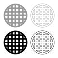 Grating grate lattice trellis net mesh BBQ grill grilling surface round shape set icon grey black color vector illustration image