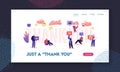 Gratitude in Internet Website Landing Page. Subscribers and Followers with Digital Devices around of Huge Word Thank You