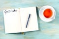 Gratitude journal with a pen and a cup of tea, shot from the top Royalty Free Stock Photo