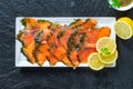 Gravadlax - Nordic dish of thinly sliced raw salmon cured in salt, sugar and dill Royalty Free Stock Photo