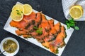 Gravadlax - Nordic dish of thinly sliced raw salmon cured in salt, sugar and dill Royalty Free Stock Photo