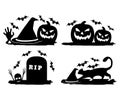 Grave with Bat and Skull, Bone, Witch Cat, Hat, Jack lantern on the Brush. Happy Halloween. Concept Label, Banner, Art, Icon.