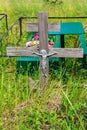 Grave cross with crucifixion in Russian provincial Cemetery Royalty Free Stock Photo
