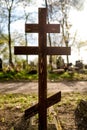 Grave cross on the Orthodox Christian cemetery at sunny day. Royalty Free Stock Photo