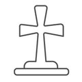 Grave cross, tombstone, halloween, cemetary thin line icon, halloween concept, headstone vector sign on white background Royalty Free Stock Photo