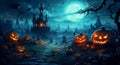 holiday halloween grave horror pumpkin moon bat dark cemetery night. Generative AI. Royalty Free Stock Photo