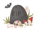 Grave headstone with skull, bones, fly agaric mushrooms and bat. Vector illustration in cartoon style. Creepy graveyard