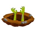 Grave. Hole in brown ground. Green hands of dead zombie. Element of Halloween. Bones and rotting corpse