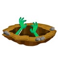 Grave. Hole in brown ground. Green hands of dead zombie. Element of Halloween