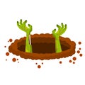 Grave. Hole in brown ground. Green hands of dead zombie. Element of Halloween.