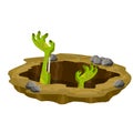 Grave. Hole in brown ground. Green hands of dead zombie.