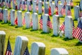 Grave markers with American flags in a military cemetery Royalty Free Stock Photo