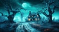grave pumpkin bat dark moon horror holiday night halloween cemetery. Generative AI. Royalty Free Stock Photo