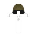 Grave of soldier. Cross and military helmet. Soldier badge. Patriotic memorial illustration Royalty Free Stock Photo