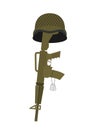 Grave soldier. Helmet and gun instead of cross. Badge Army. War Royalty Free Stock Photo