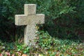 Grave Stone Cross In Evergreen Plants