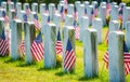 Grave stones with American flags in a military cemetery Royalty Free Stock Photo