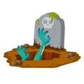 Grave and tombstone. Hole in ground. Green hands of dead zombie