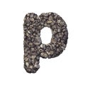 Gravel letter P - Lowercase 3d crushed rock font - nature, environment, building materials or real estate concept