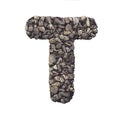 Gravel letter T - Uppercase 3d crushed rock font - nature, environment, building materials or real estate concept