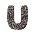 Gravel letter U - Capital 3d crushed rock font - nature, environment, building materials or real estate concept