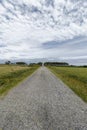 A gravel path leads through a green field towards the horizon, under a cloudy blue sky with trees in the background Royalty Free Stock Photo