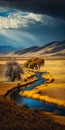 Gravel road crossing the Namibian steppe with mountains in the background, Namibia, Africa